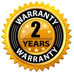 Two-year warranty badge with gold and black design on a white background